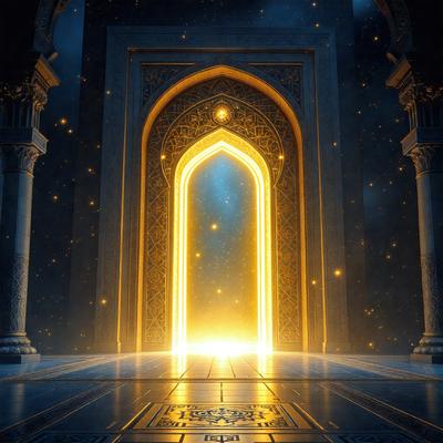 The primary subject of the image is a large, ornate doorway with a golden glow. The doorway is adorned with intricate patterns and is situated in a setting with a blue sky and stars in the background. The visual style of the image is digital art, creating a surreal and dreamy atmosphere. The dominant colors are gold and blue, with the golden glow of the doorway contrasting against the darker blue of the sky and stars.